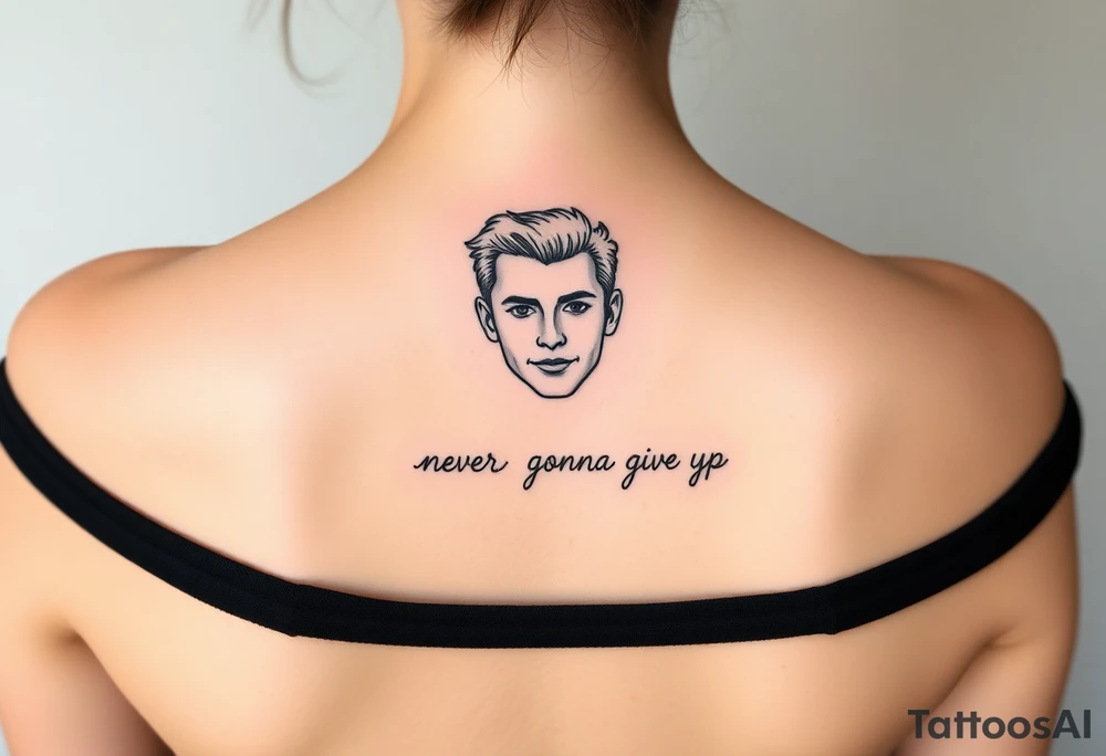 Young Rick Astley Face and Never Gonna Give You Up text tattoo idea