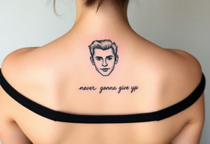 Young Rick Astley Face and Never Gonna Give You Up text tattoo idea