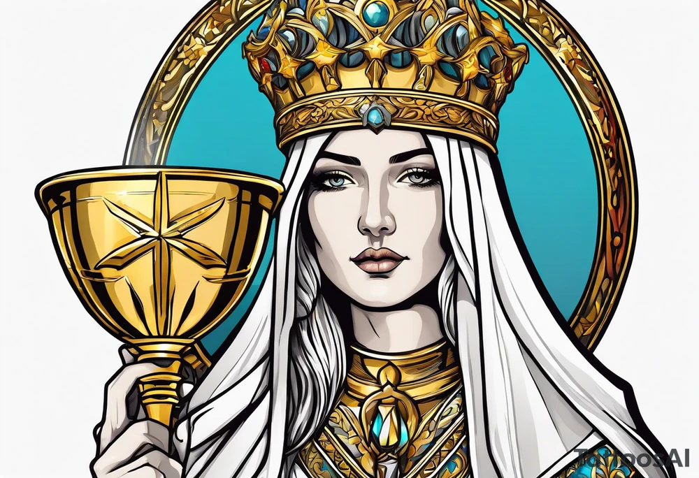 holy saint woman turned away with golden halo holding a chalice tattoo idea