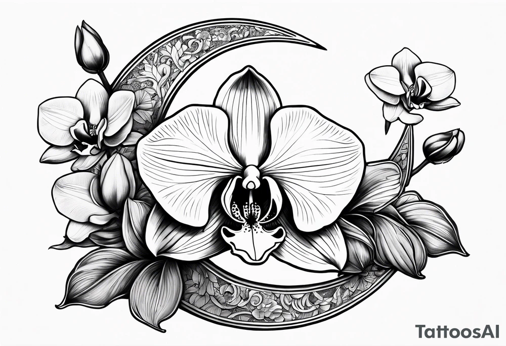 Orchid sitting on a crescent moon tattoo idea
