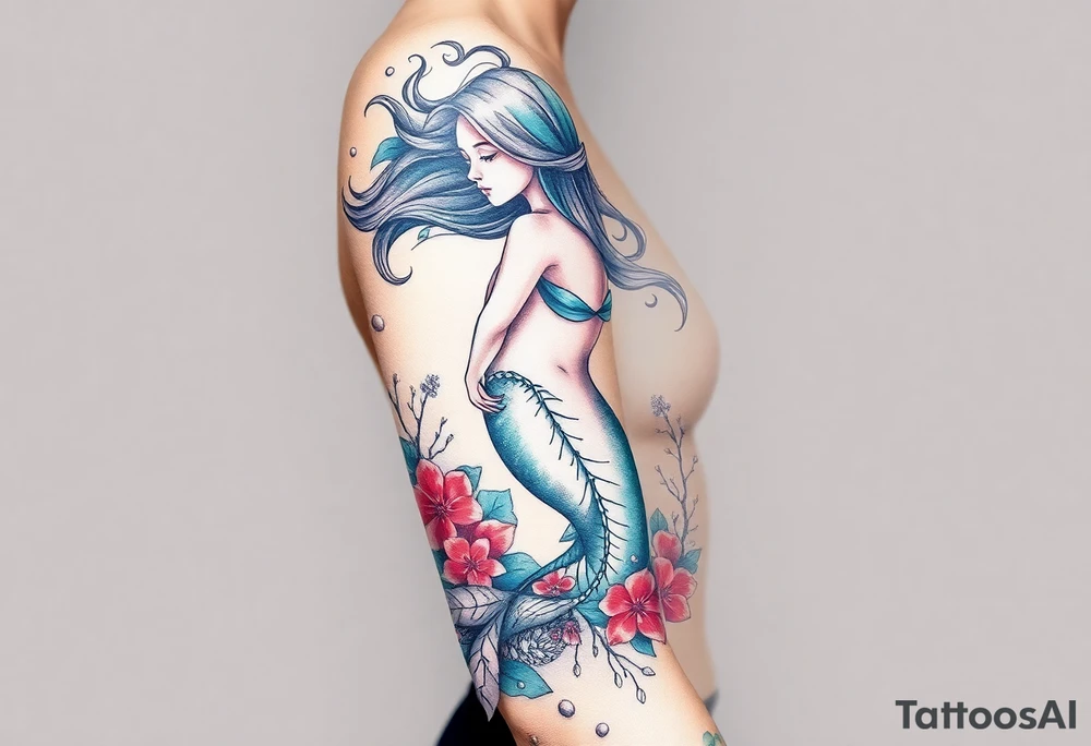 ethereal mermaid with flowing hair among coral and sea flowers tattoo idea