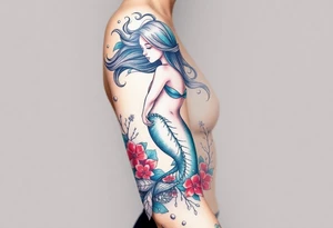 ethereal mermaid with flowing hair among coral and sea flowers tattoo idea