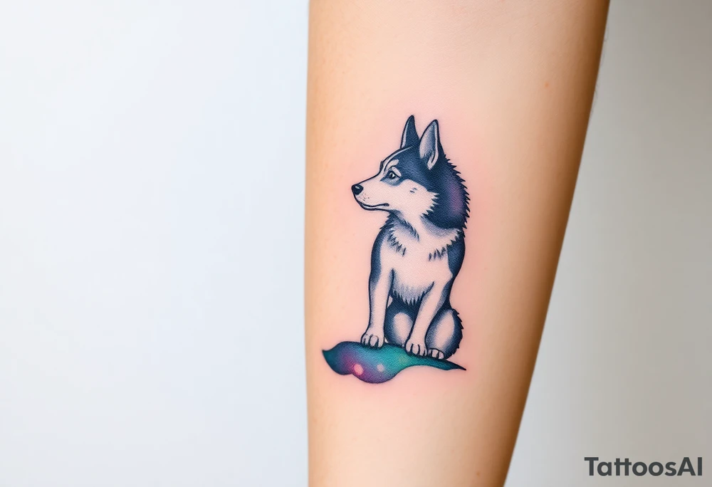 smALL HUSKY LOOKING AT A TRIBAL MOON STANDONG IN THE SAND IN THE SEA WITH THE CONSTALATION OF SAGITARIUS PUT COLOR tattoo idea