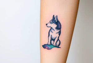 smALL HUSKY LOOKING AT A TRIBAL MOON STANDONG IN THE SAND IN THE SEA WITH THE CONSTALATION OF SAGITARIUS PUT COLOR tattoo idea