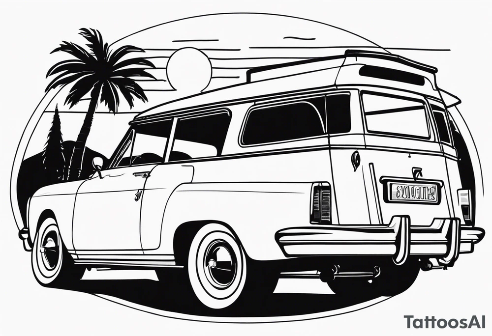 vista cruiser in front of sunset. vintage 70s aesthetic. cute. coquette. black and white tattoo idea