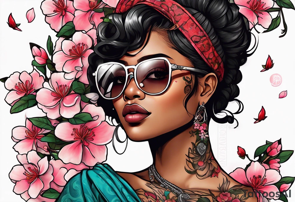 Black Female with glasses with the word "Nisha" and sakura blossoms around her tattoo idea