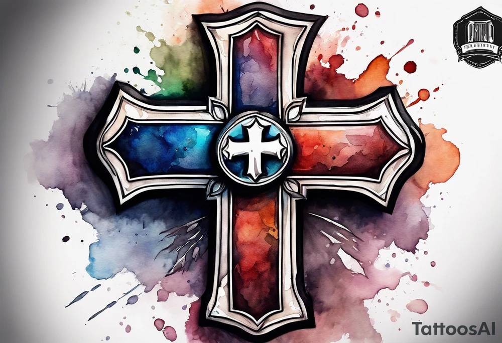 Cross made out of an American football leather with watercolor background tattoo idea