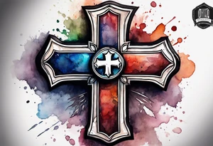 Cross made out of an American football leather with watercolor background tattoo idea