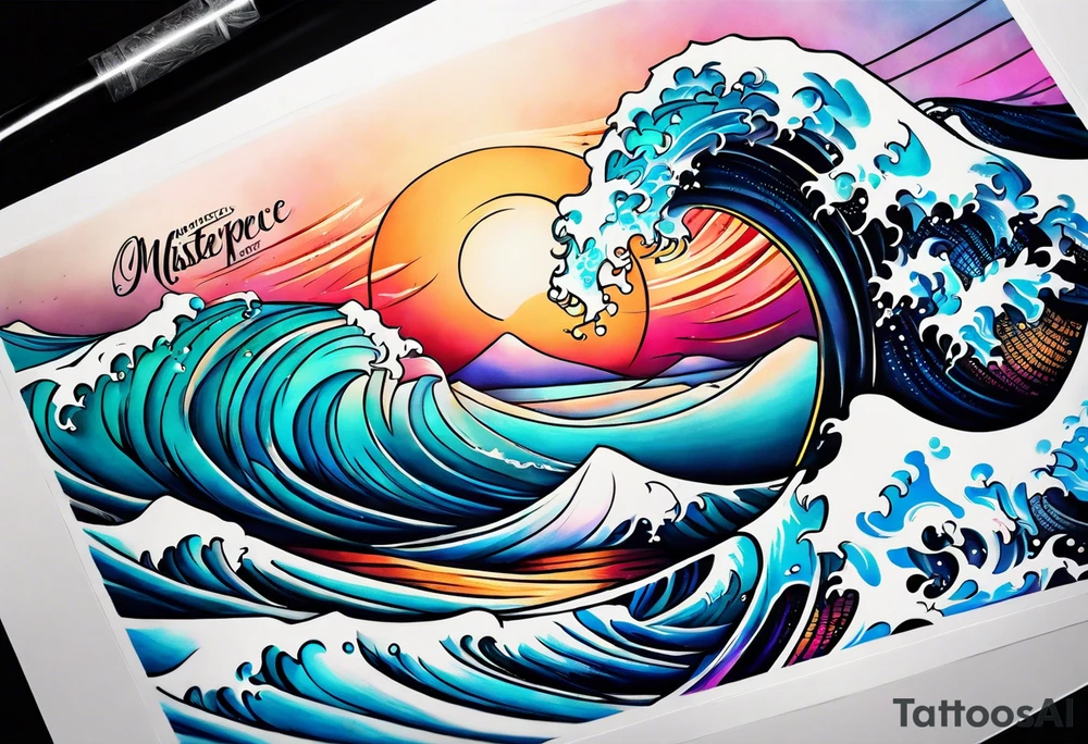 wave with "come what may" written underneath in cursive for forearm tattoo idea