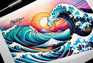 wave with "come what may" written underneath in cursive for forearm tattoo idea