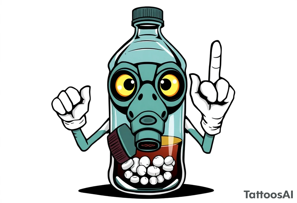 A caricature 2 liter bottle with bulging cartoon eyes and a gas mask on where it’s mouth and nose are supposed to be. Inside the bottle is a lithium battery,and pseudoephedrine tablets, along with a liquid. It has cartoon stick arms with big white gloves one had is holding up his middle finger. It should be dark and grimy looking as if a person had been up for some days and the middle finger on the right hand should be up tattoo idea