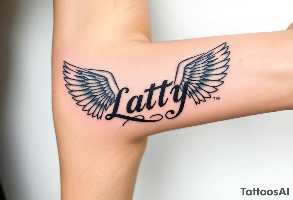 powerful majestic name patty saying LLP and wings around her name tattoo idea