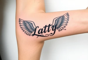 powerful majestic name patty saying LLP and wings around her name tattoo idea