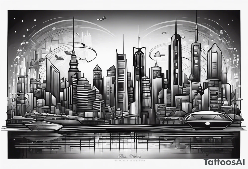 BLACK AND GREY
A tattoo featuring a futuristic cityscape with elements of music and technology integrated throughout tattoo idea