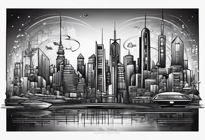 BLACK AND GREY
A tattoo featuring a futuristic cityscape with elements of music and technology integrated throughout tattoo idea