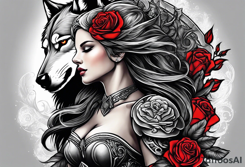 Armored Angel woman with a wolf and a colored rose tattoo idea