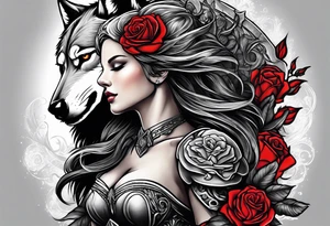 Armored Angel woman with a wolf and a colored rose tattoo idea