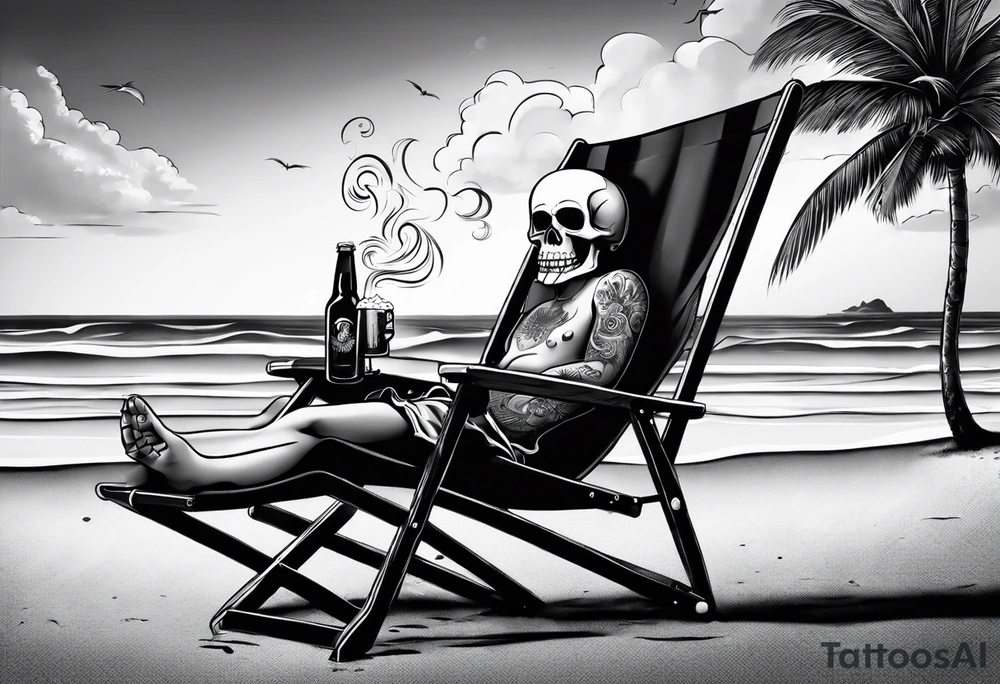 Skull body smoke on the beach sitting in a beach chair with a beer in its hand tattoo idea