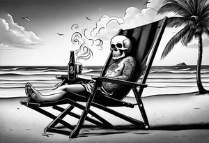Skull body smoke on the beach sitting in a beach chair with a beer in its hand tattoo idea