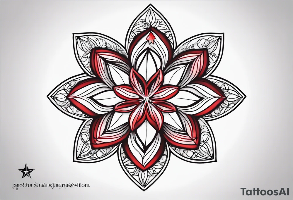 Small tattoo of a forget me knot flower linework star thats outline is red and a snowflake all separate tattoo idea