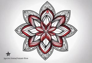 Small tattoo of a forget me knot flower linework star thats outline is red and a snowflake all separate tattoo idea