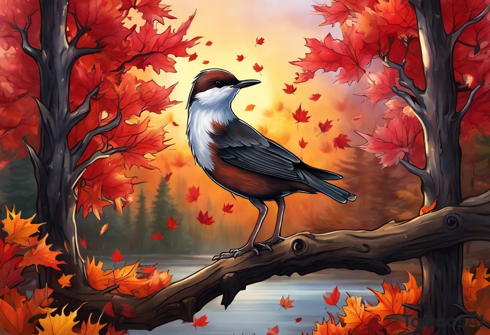 Arm tattoo. Long tattoo A maple tree with red autumn leaves that branches upwards. White-throated dipper bird on the trees branches. Calluna flowers at the base of the trees stem. Tree stem has dark colors. Red/yellow sunset behind the trees stem. Leaves falling. tattoo idea