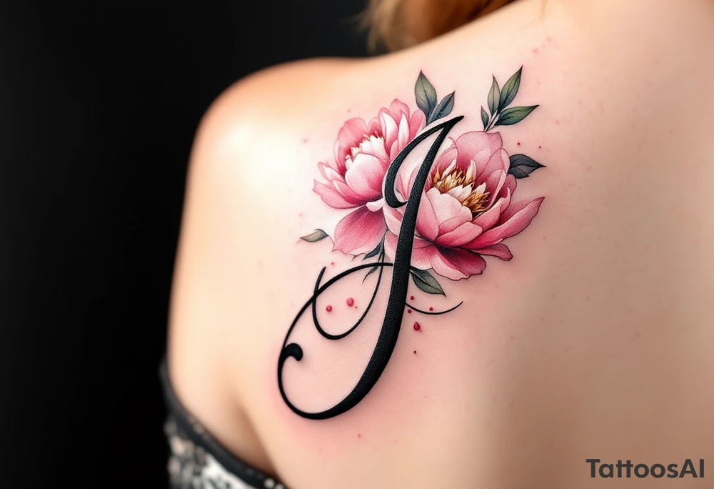 Elegant cursive "J" in deep black ink, wrapped with a soft pinky peonies tattoo idea
