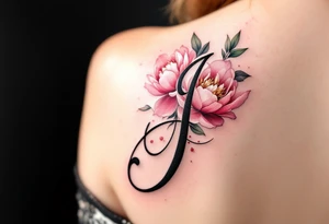 Elegant cursive "J" in deep black ink, wrapped with a soft pinky peonies tattoo idea