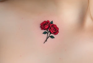 Tiny cluster of three red roses, tightly grouped with dark green leaves, drawn in a micro-realistic style. tattoo idea