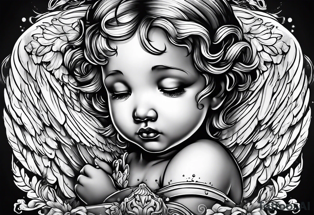 Crying cherub angel with tattoos on its arms tattoo idea