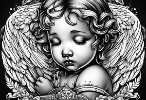 Crying cherub angel with tattoos on its arms tattoo idea