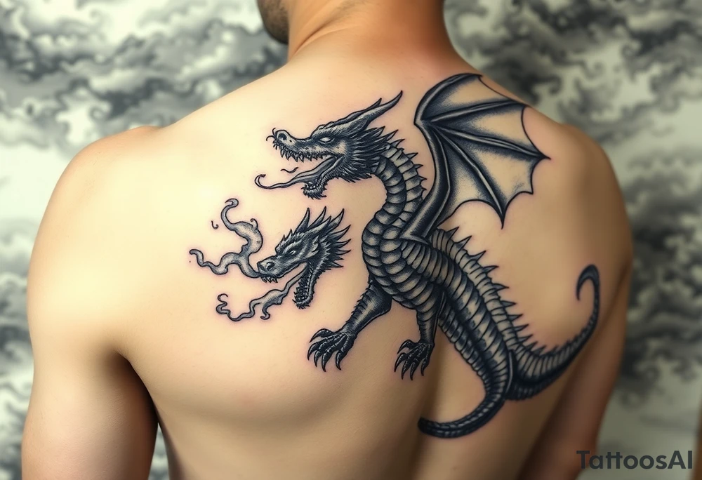 fierce dragon breathing iridescent fire against stormy skies tattoo idea