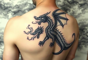 fierce dragon breathing iridescent fire against stormy skies tattoo idea