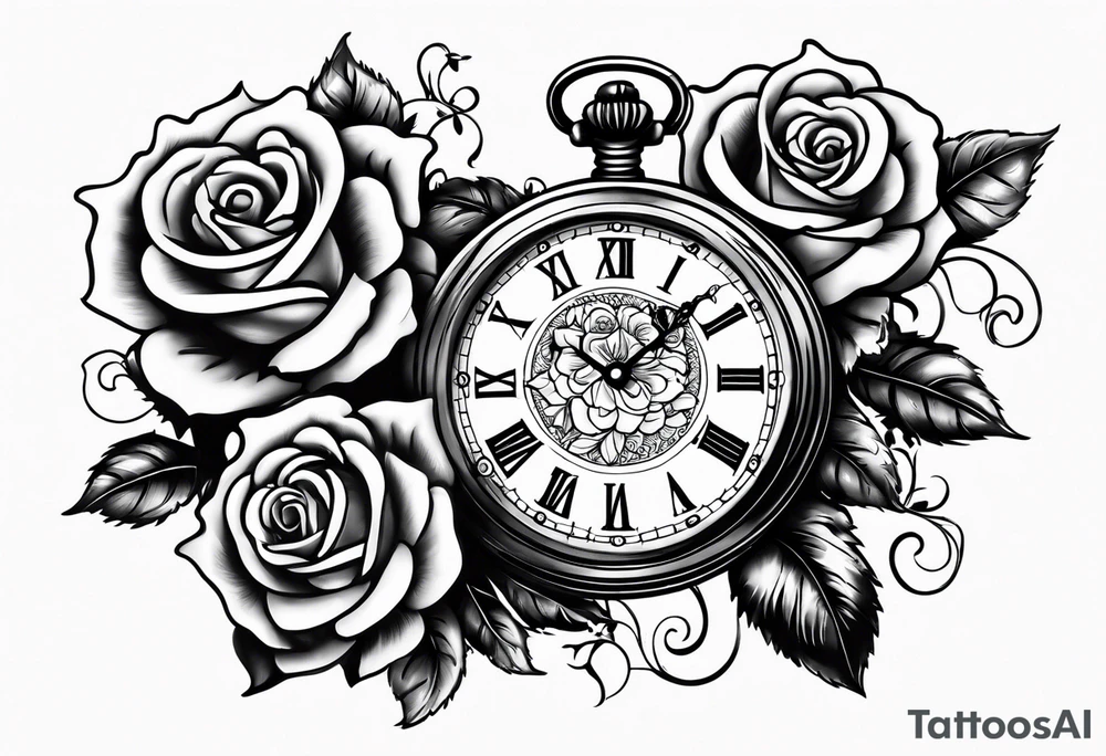 Pocket watch with chain and roses tattoo idea