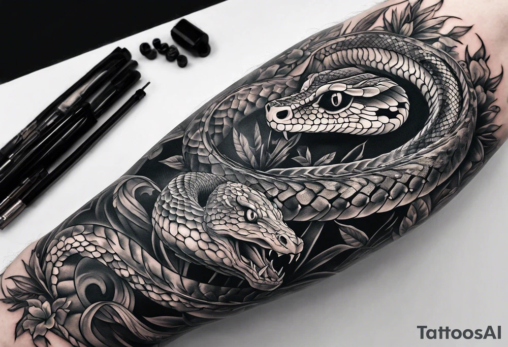 sleeve tattoo with a snake, gun, weed symbol that says HYDRA tattoo idea