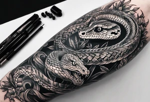 sleeve tattoo with a snake, gun, weed symbol that says HYDRA tattoo idea