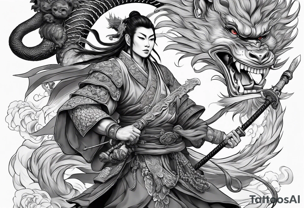 the monkey king with weapon, a japanese dragon, and
shrouded mother holding a baby tattoo idea
