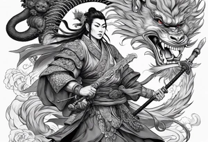 the monkey king with weapon, a japanese dragon, and
 shrouded mother holding a baby tattoo idea