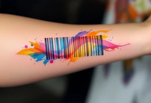 A barcode with rainbow-colored streaks blending into watercolor splashes, symbolizing diversity, creativity, and self-expression. tattoo idea