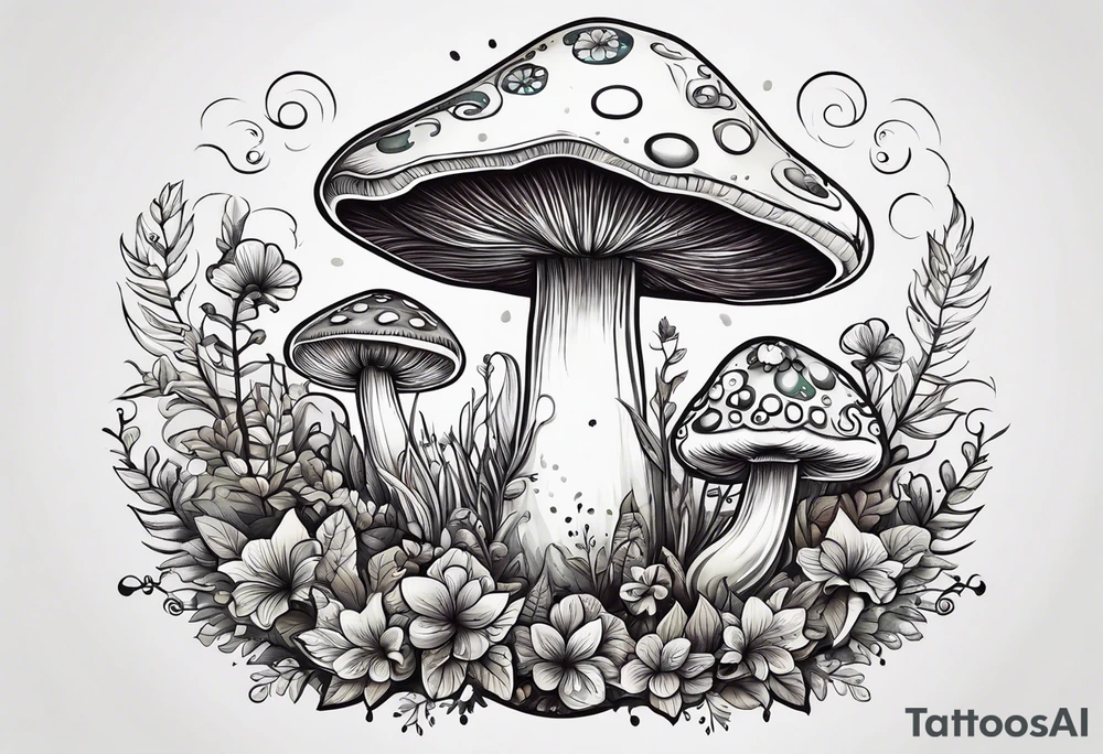 Happy anthropomorphic mushroom surrounded by smaller plants tattoo idea