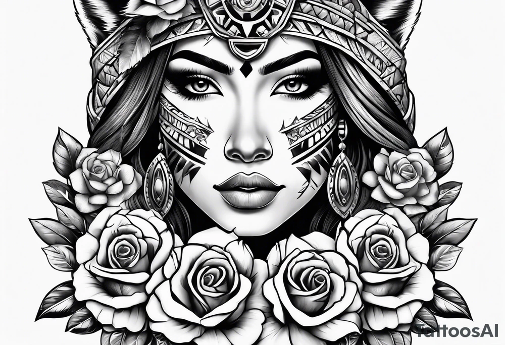 Aztec woman wrapped in roses with a wolf tattoo idea