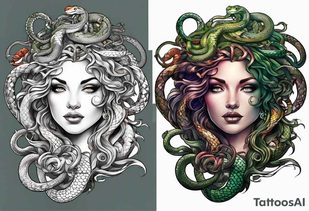 Medusa, before and after she had snakes for hair. tattoo idea