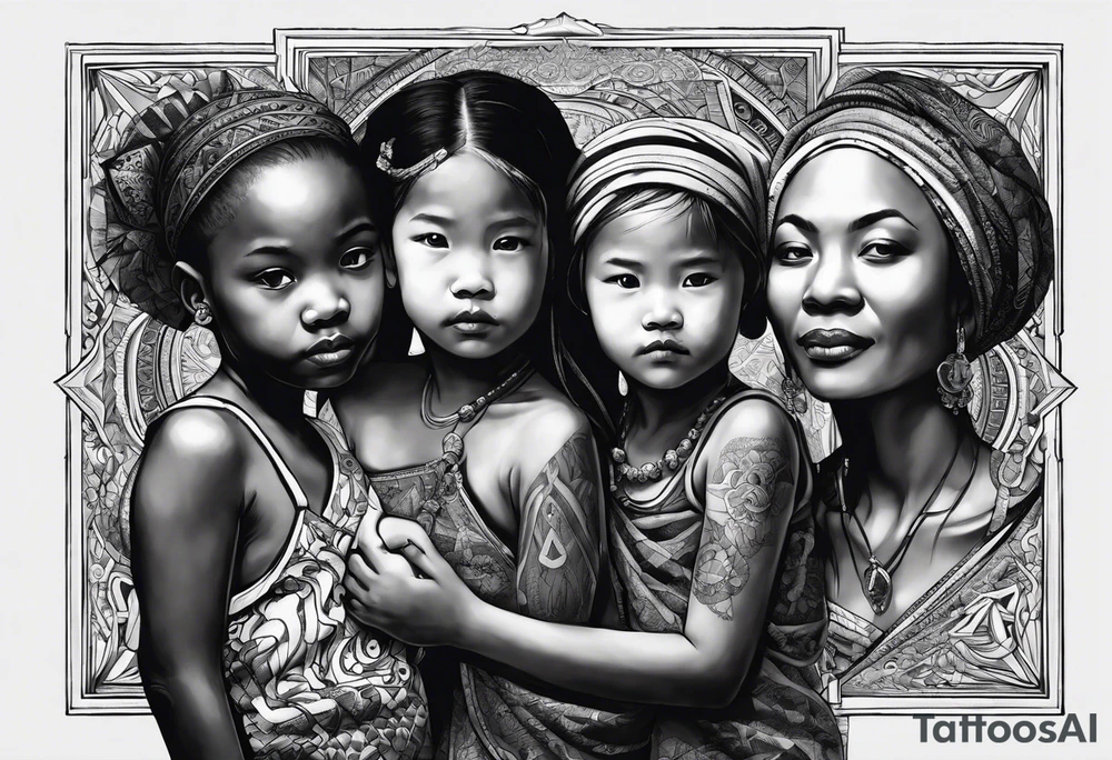 three people leaning against each other. on the left a really very young african daughter, in the middle a german mother, on the right a really very old asian grandmother. big difference in age, in an artfully decorated frame tattoo idea