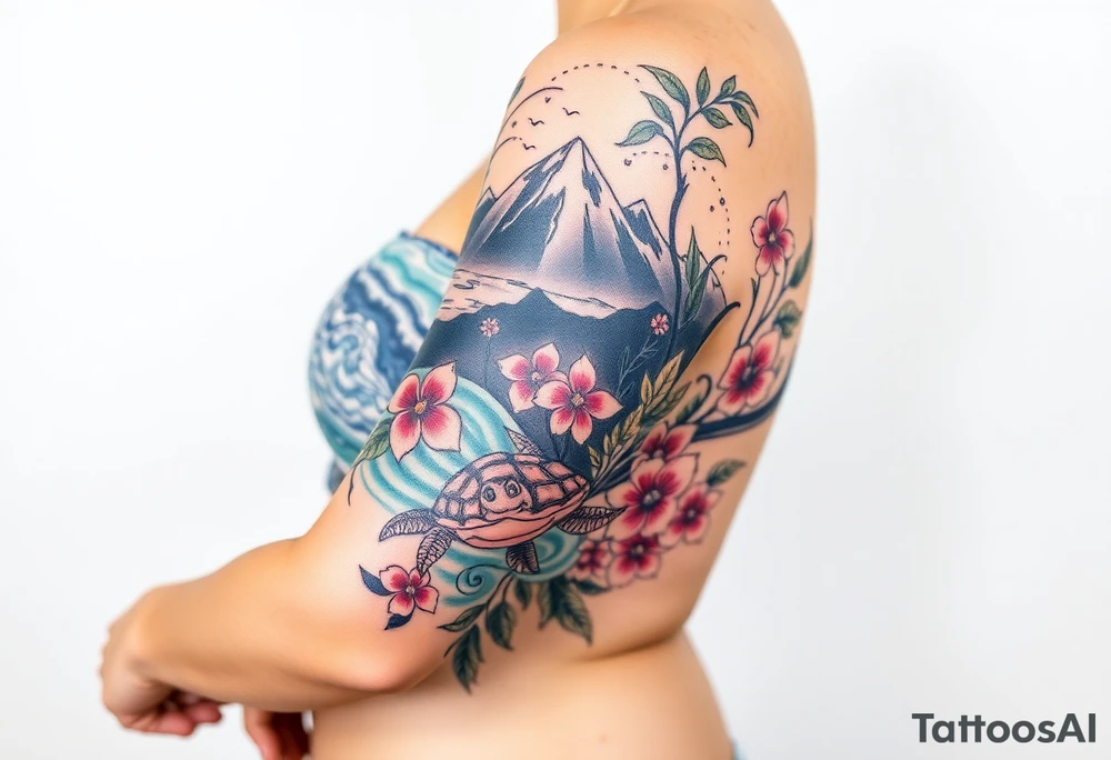 half sleeve, hawaiian theme, with water, mountains, tropical flowers, turtles. and disneys moana  characters tattoo idea