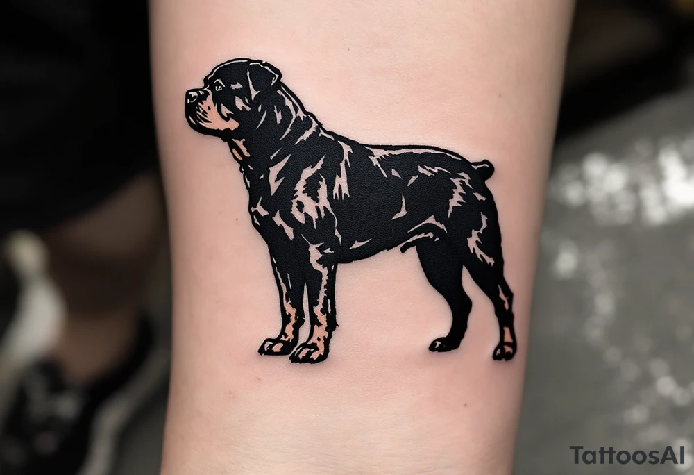 Blackwork Rottweiler Silhouette – A solid black ink silhouette of a standing Rottweiler, minimalistic and bold. Great for ankle, wrist, or chest. tattoo idea