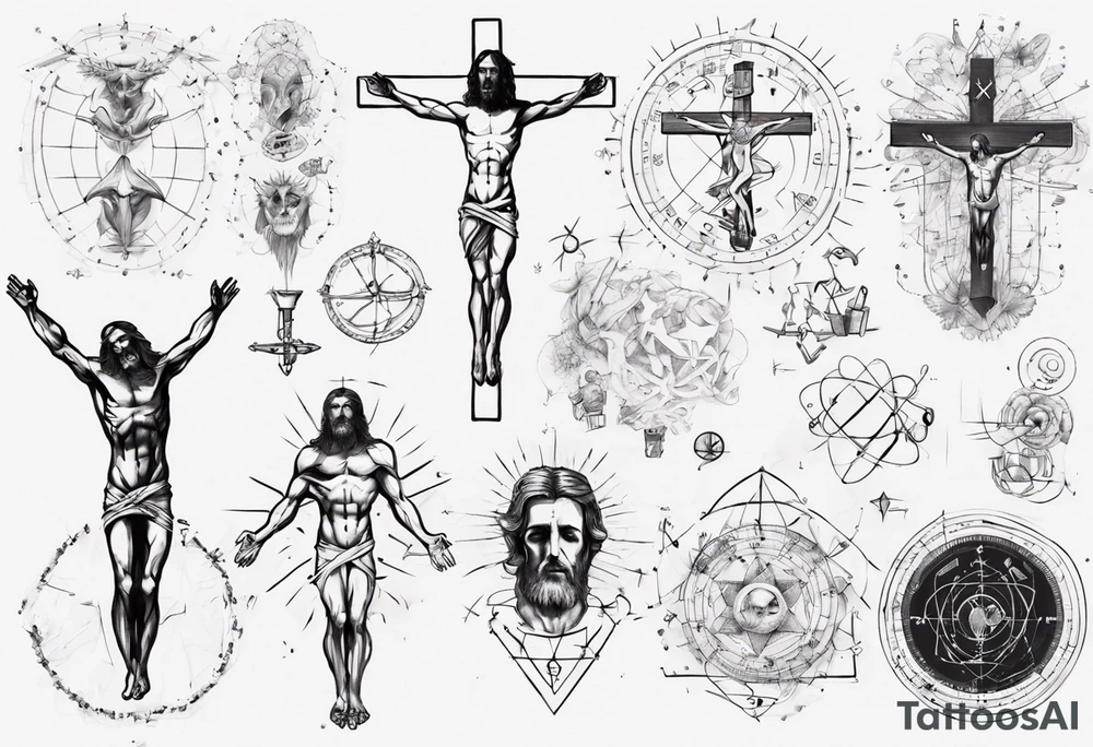 The study of human body and Jesus combined with emphasis on math and physics tattoo idea