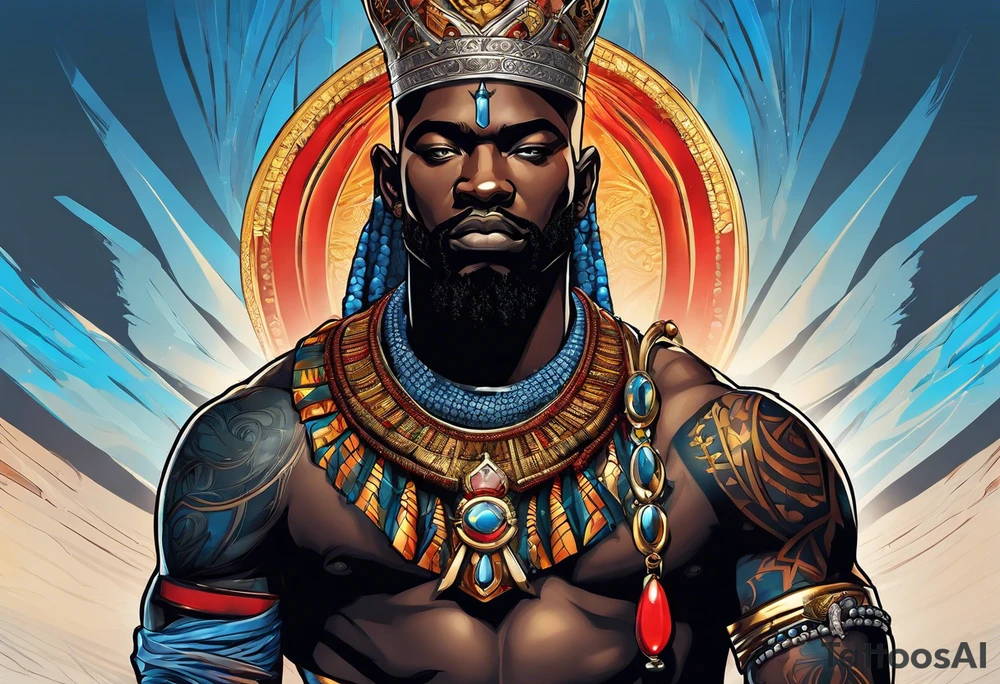 An african god, a bald black-skinned warrior, that uses a sword and a silver crown. He also uses blue and red necklaces tattoo idea