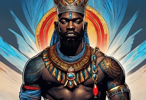 An african god, a bald black-skinned warrior, that uses a sword and a silver crown. He also uses blue and red necklaces tattoo idea