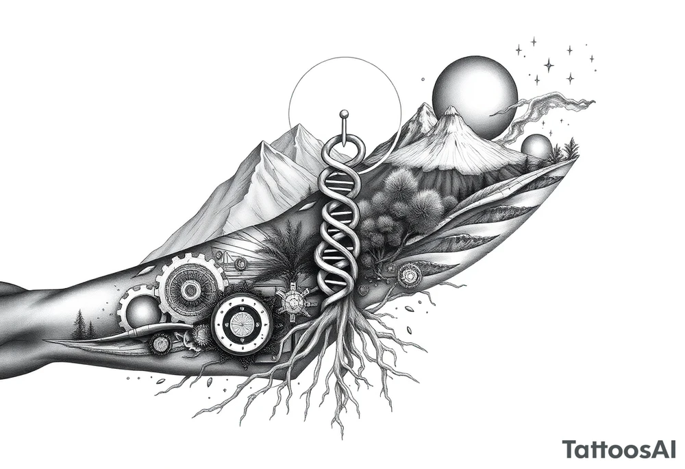 Full sleeve tattoo design for a left arm, vertical composition. A surreal blend of Southern California landscapes including desert dunes, snow-capped mountains, and ocean waves. The landscapes are integrated into a 3D geometric and biomechanical framework with gears, droid-like metallic components, and Matrix-style digital rain. In the center, a double helix DNA strand transitions into tree roots. Style: Alex Grey visionary art meets TOOL aesthetic. High contrast black and grey with subtle glowing amber highlights. Hyper-realistic, 8k, white background tattoo idea