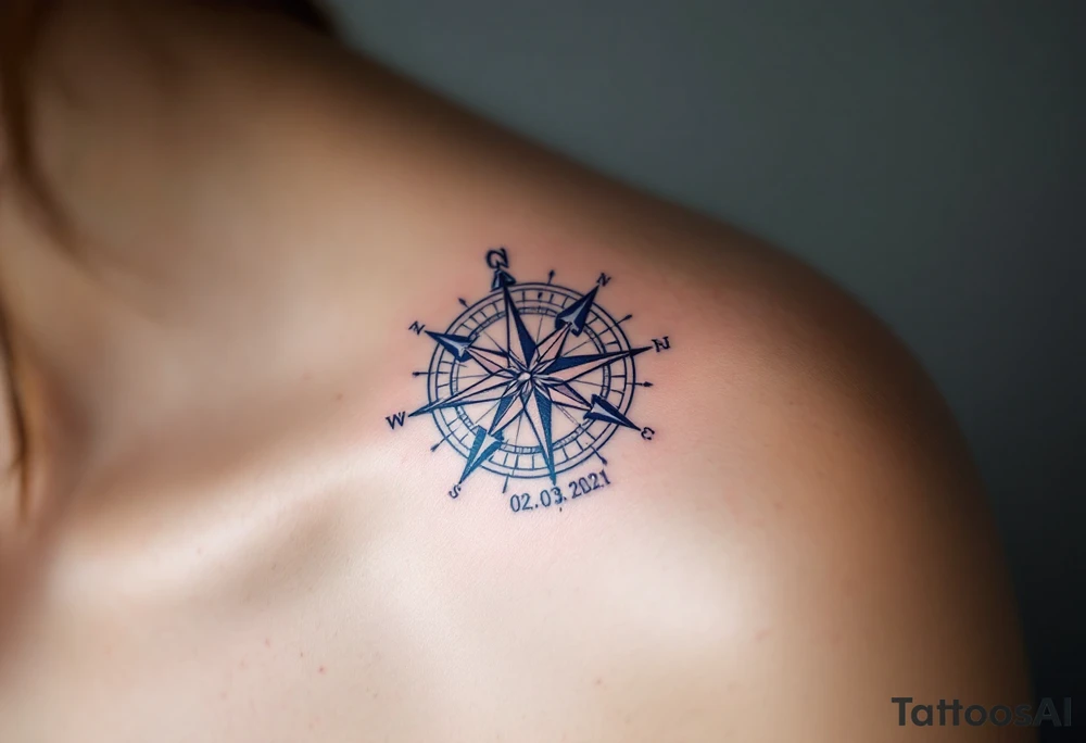 Jakub 02. 03. 2021 – A classic blue and gray compass with Jack's birthdate etched in bold, modern font at the center. tattoo idea